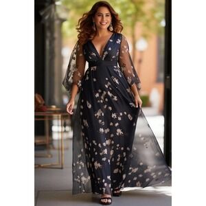 Flycurvy Navy Blue Floral Embroidered V-Neck Maxi Dress 4XL NWT Long Puff Sleeve